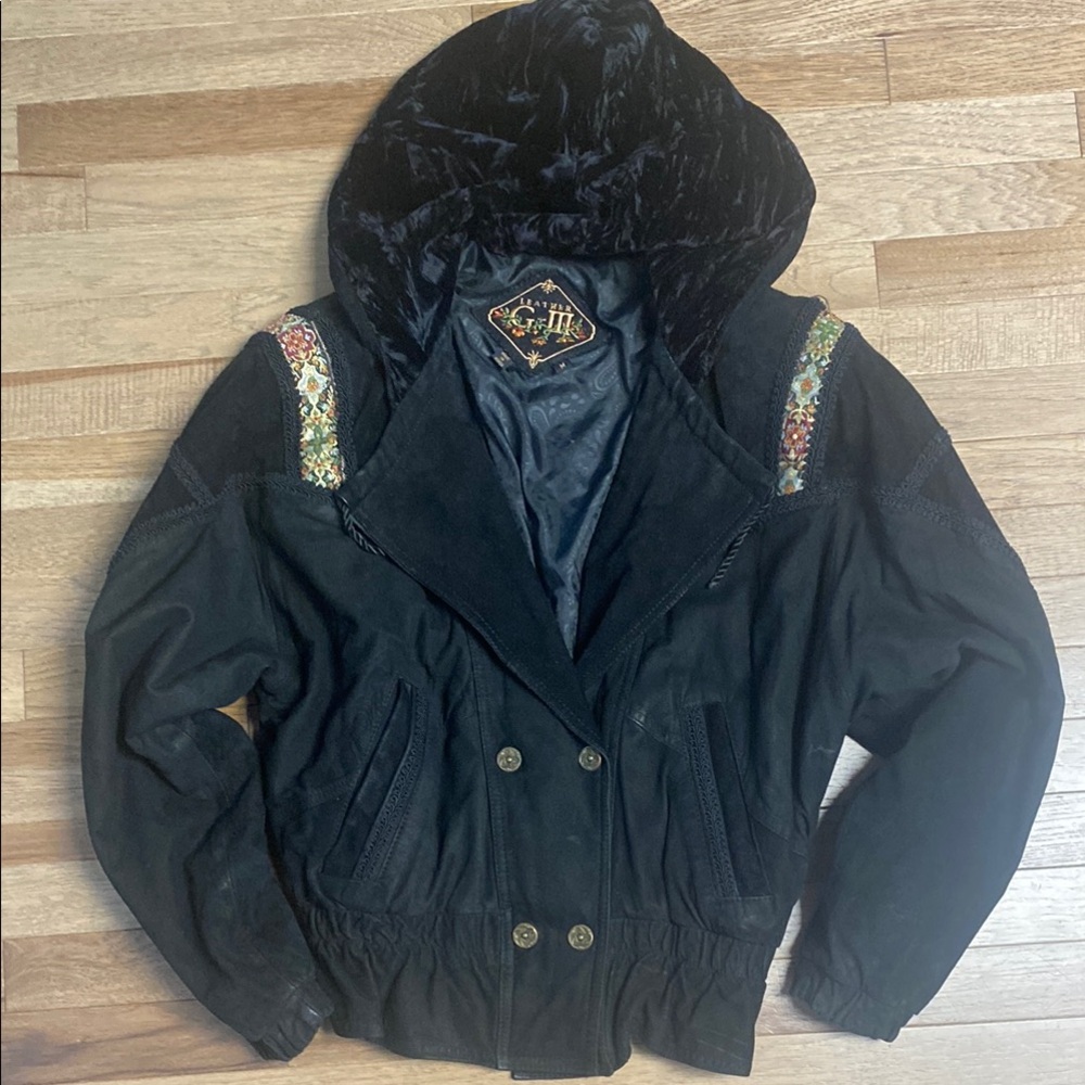 Black Hooded Bomber Jacket with Embroidered Shoulder Detail